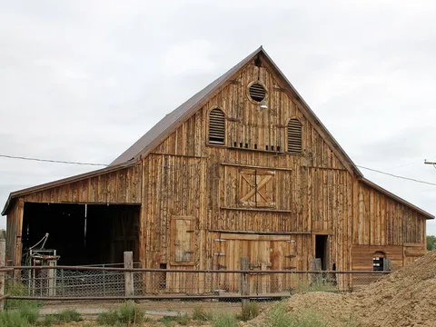 The weathered board-and-batten Brush barn, with its steep gable, arched louvered vents and shed additions on each side, behind a corral fence